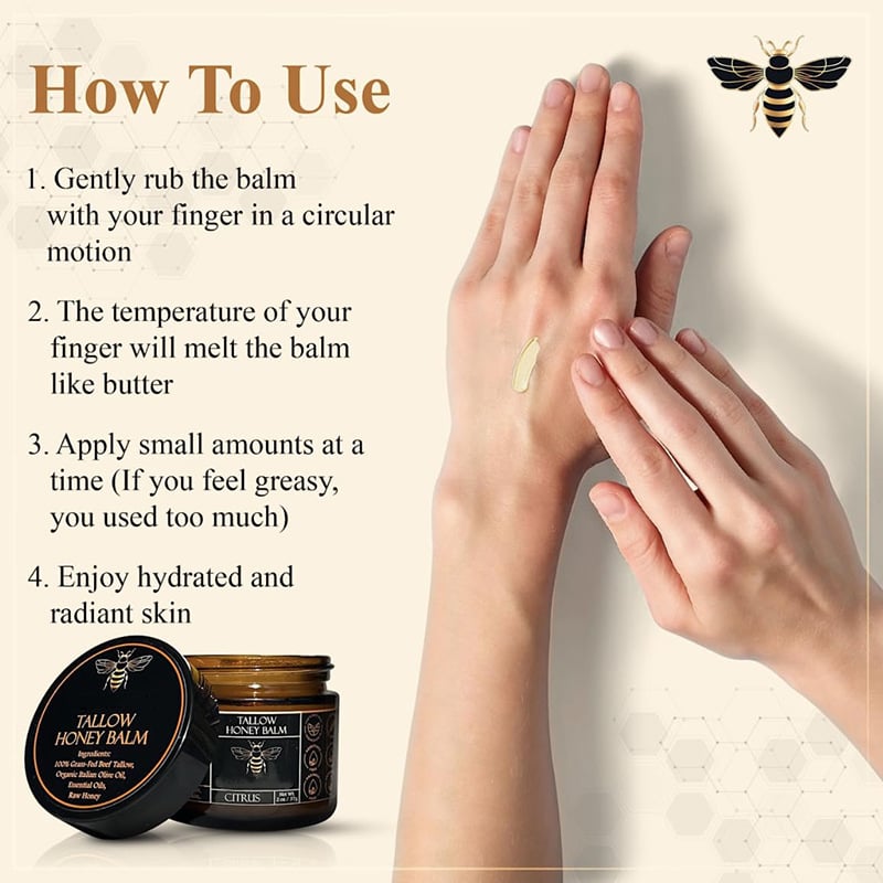 🌿 Organic Grass-Fed Beef Tallow Balm with Raw Honey - Handmade All-Natural Moisturizer for Soft, Smooth, Radiant Skin